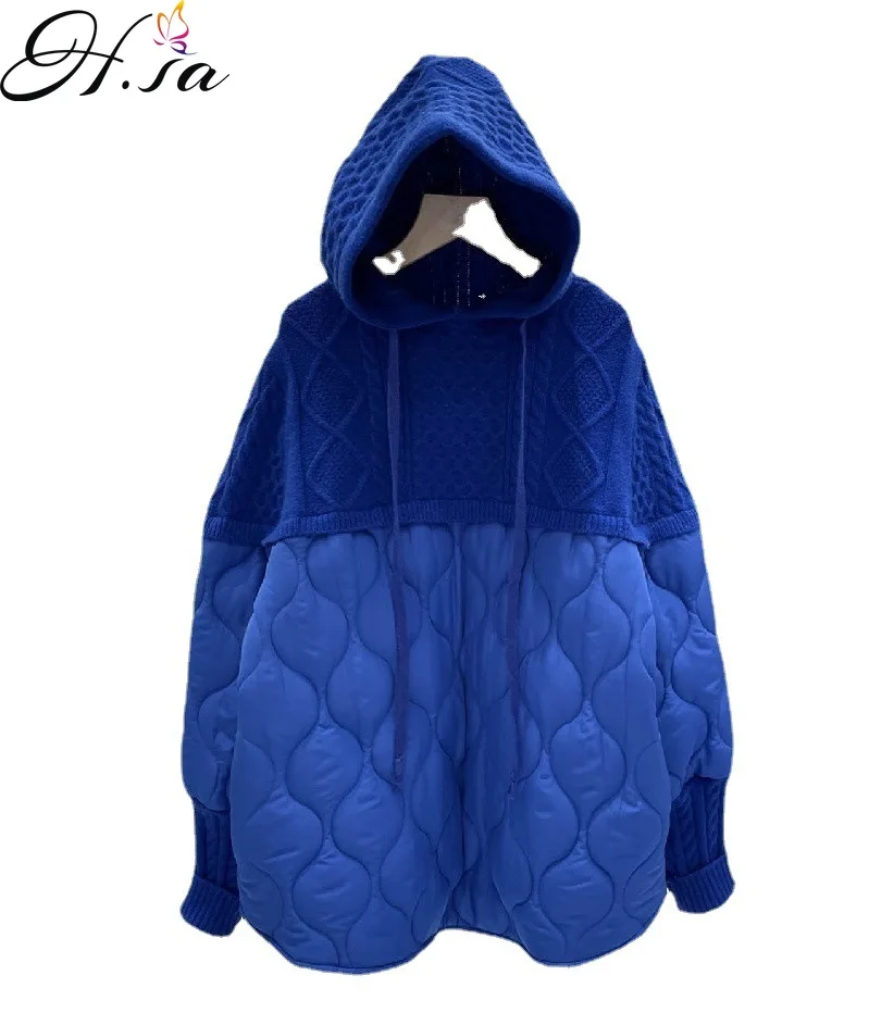 Hsa 2021 Autumn And Winter Korean Style Looselong Hooded Sweater Jumpers Knitted Cotton-Padded Coat Fake Two-Piece Swearer Coat