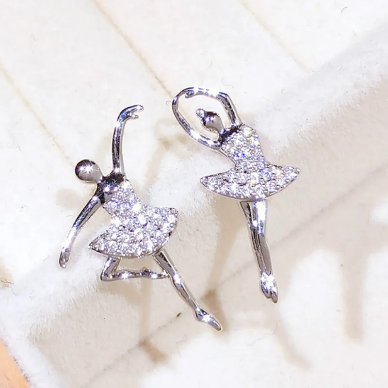 Silver Colour Creative Ballet Dancer Design Stud Exquisite Ballerina Girl Inlay Zircon Stud Earrings personality Birthday Gift