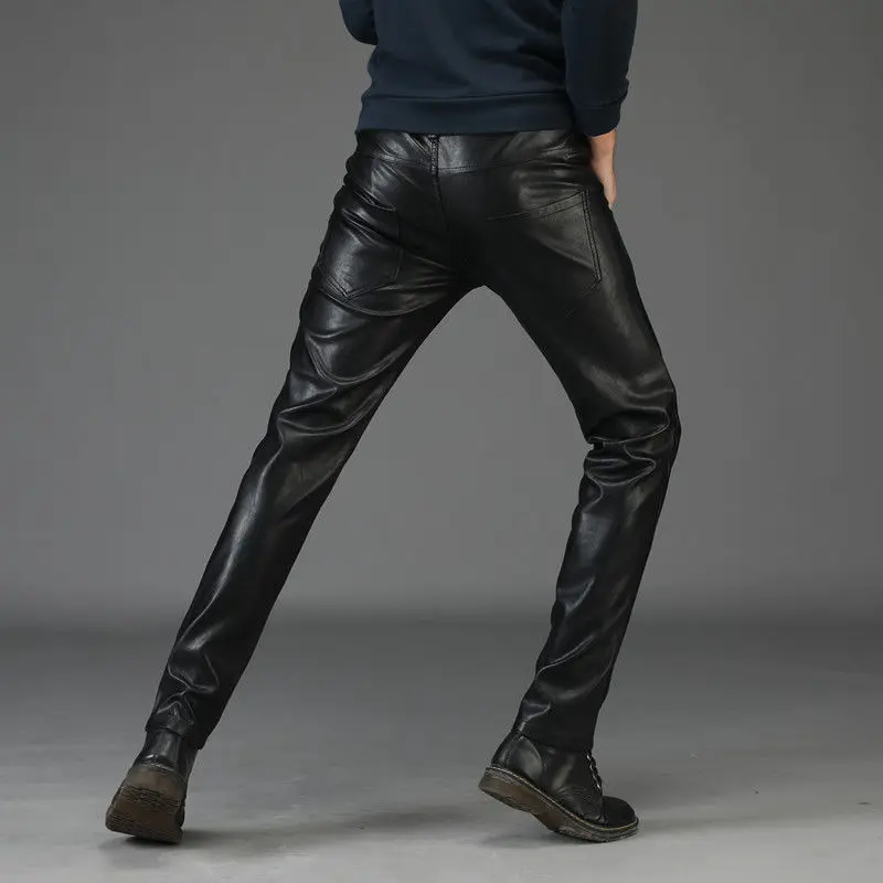 Summer Leather Pants Men's Motorcycle Pants Straight Waterproof Leather Pants Black Tight Trousers Full Length Moto &Biker Pants