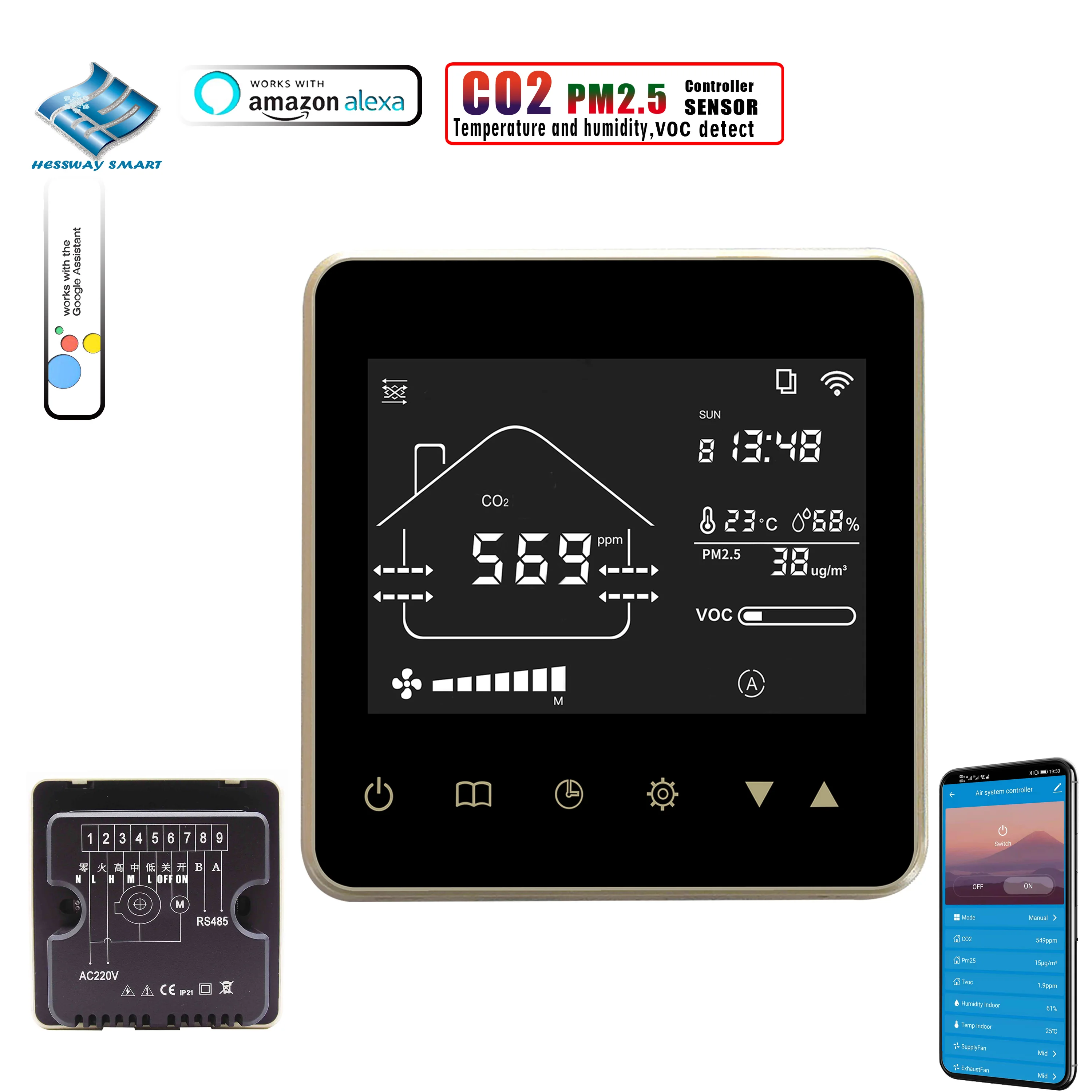 WIFI CO2 PM2.5 Air Quality Controller for Humidity Temperature VOC Monitoring Home Ventilation System RS485 Networking