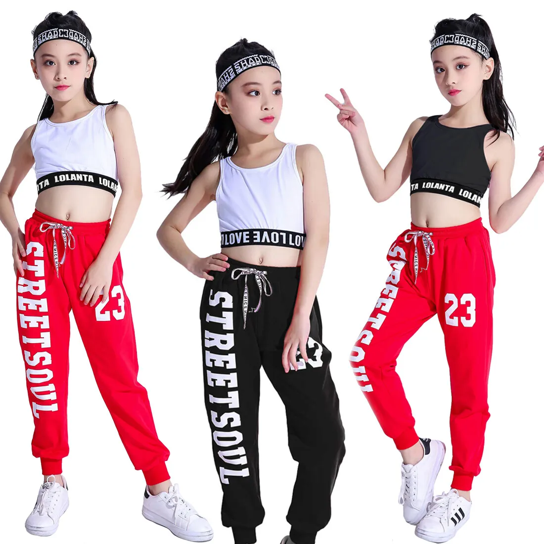 

LOLANTA Kids Girls Jazz Dance Costume Casual Wear Hip Hop Street Dance Clothes Crop Tops Vest Jogger Red Pants Sportswear