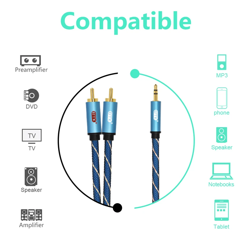 EMK 3.5mm do 2RCA kabel Audio RCA do 3.5 AUX kabel typu Jack do wzmacniaczy DJ Subwoofer mikser Audio kino domowe DVD