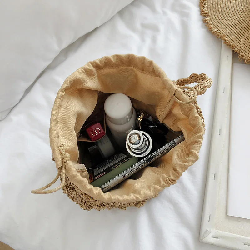 Yogodlns Sommer Stroh Umhängetasche Frauen Große Kapazität Rattan Eimer Tasche Handarbeit Gewebt Strand Tasche Mode Urlaub Handtasche Tote – Detail 33