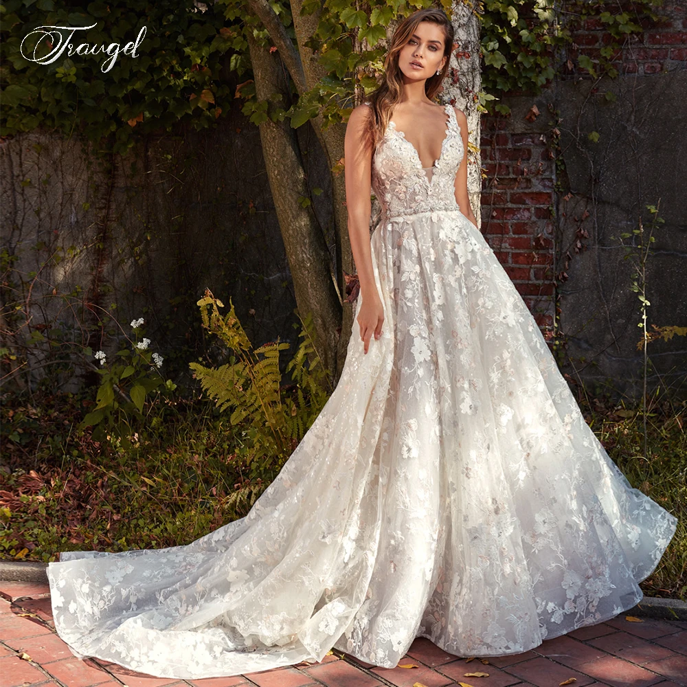 Traugel Sexy scollo A v senza schienale A Line abiti da sposa in pizzo fiori 3D di lusso senza maniche cappella treno abiti da sposa Plus Size