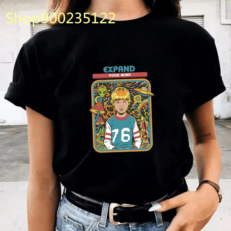 Vintage T-shirt Women Printed Expand your mind Tee Tops Fashion Casual Women Clothes Summer Streetwaer Black T-shirts Female