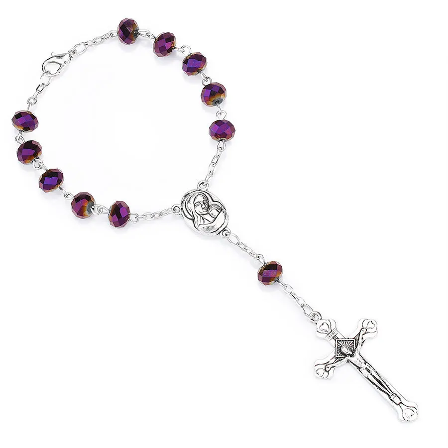 Cross Pendant Necklace Virgin Holy Christ Rosary Necklaces for Women Men Purple Crystal Beaded Catholic Prayer Jewelry Rosaries