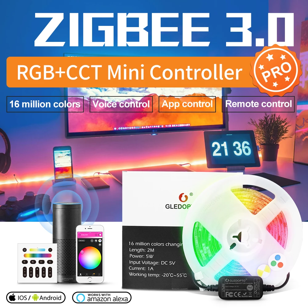 

Светодиодная лента GLEDOPTO ZigBee3.0 для управления освесветильник, миниатюрный комплект, 5 В, USB, RGBCCT, изменение цвета, хаб с приложением, Alexa, голосовое управление, дистанционное управление