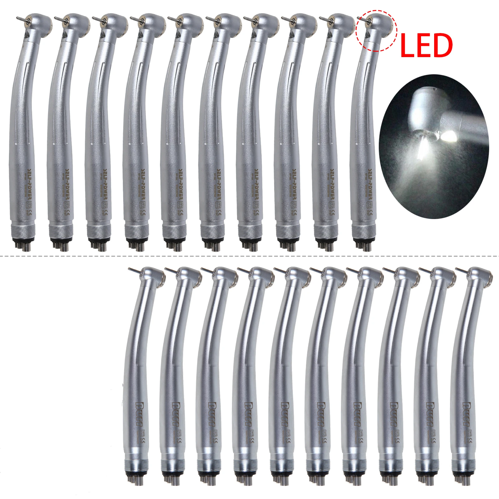 

10 Pcs Dental high speed Handpiece 4 Hole Standard /Big Head Fiber Optic E-generate no LED /LED Push Button NSK PANA Style