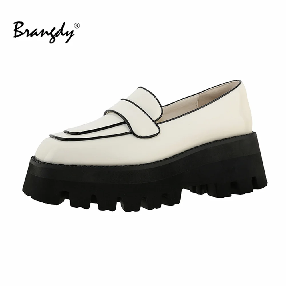 

Brangdy Vintage Collegiate Cow Leather Shoes Women Thick Sole Platform Wedge High Heels Creepers Cosplay Uniform Pumps Size 40