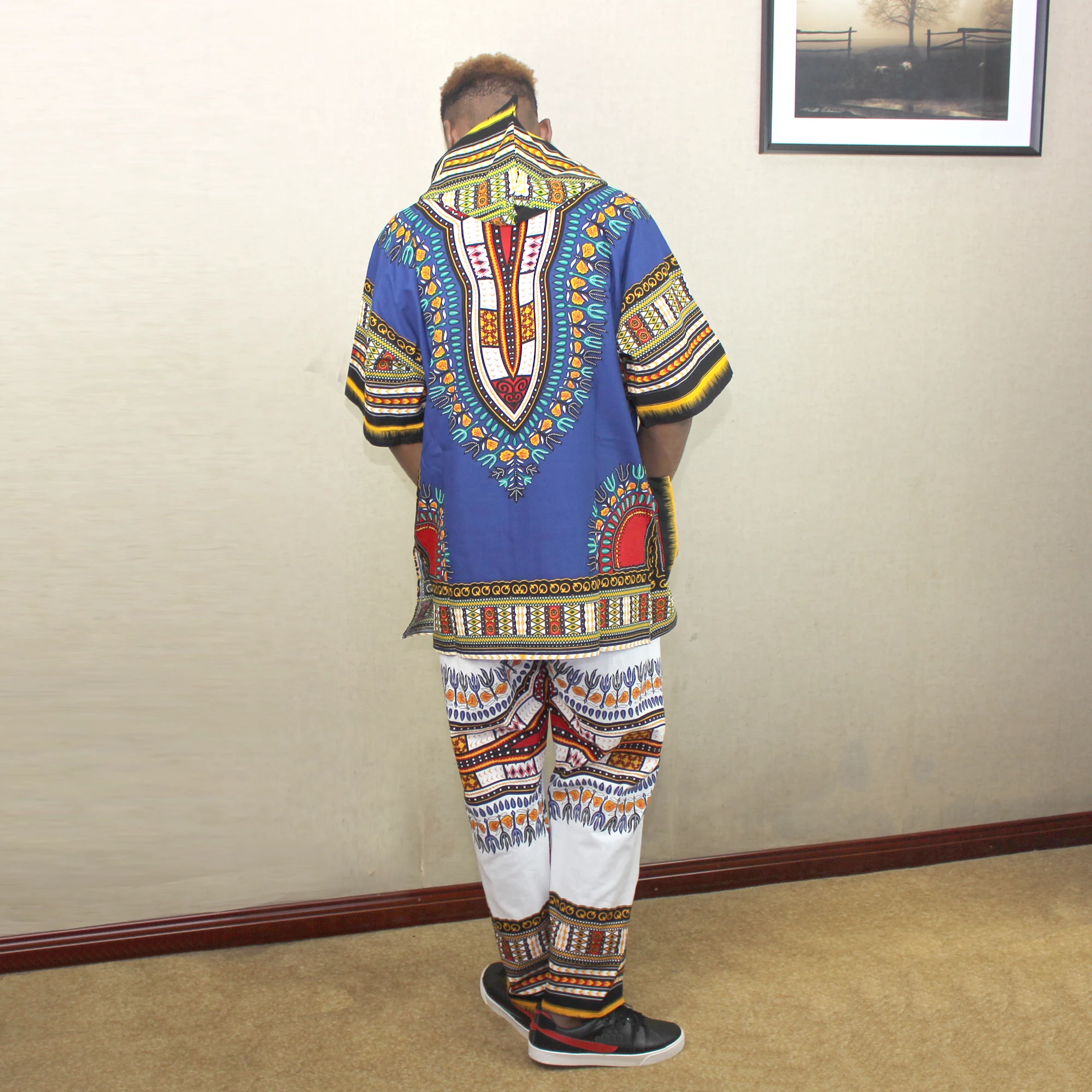 African Classic Dashiki with Pockets Mens Blue Printed Dashiki Hoodie