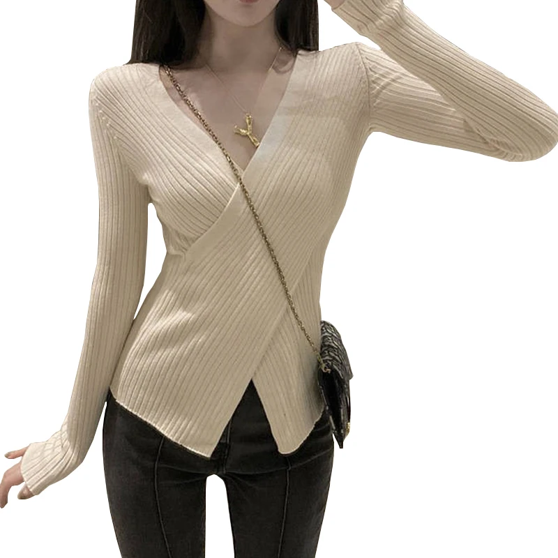 Sexy 2022 Criss-Cross Deep V-Neck Slim Sweaters Women Autumn Winter New Long Sleeve Pullovers Ribbed Lrregular Hem Knitted Tops