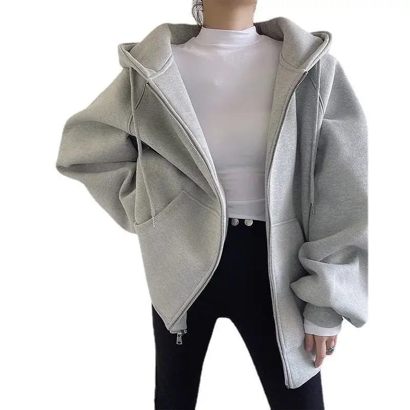 

Women Casual Oversized Sweatshirt Female Streetwear Draw String Solid Color Jackets Hooded Pocket Loose Zipper Harajuku Hoodies