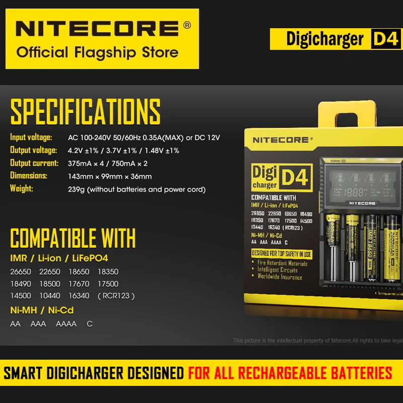 Original NITECORE D4 Digicharger LCD Smart Battery Charger for 18650 14500 16340 26650 A AA AAA Batteries with Free Car Charger