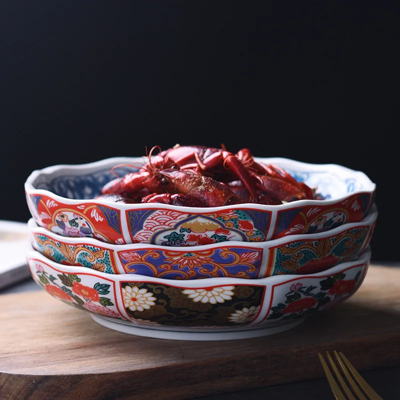 Japanese Ancient Iwanli Style Ceramic Tableware, Ukiyo-e Design, Lotus Plate, Retro Dim Sum Plate