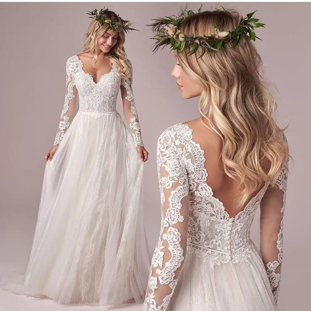 Lsyx Abito da sposa bohémien personalizzato a maniche lunghe Corsetto con schienale basso Lunghezza pavimento Applicazioni in pizzo Abito da sposa in chiffon di tulle