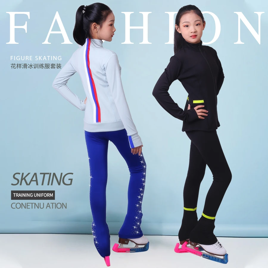 Customized Figure Skating Suits Jacket and Pants Long Trousers for Girl Women Training Ice Skating Warm black pink Mesh sleeve