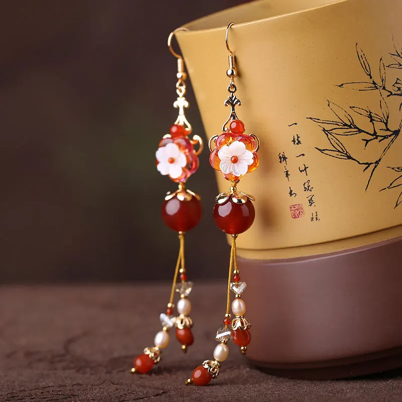 Red agate Tassel Long Earrings Dangle 925 Silver Accessories Eardrop Ear Ornaments Chinese style Vintage Ethnic Ear Clips