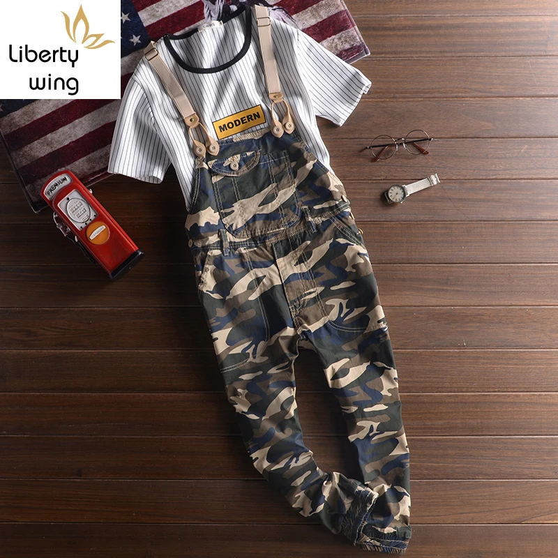 Summer Fashion Camouflage Casual Overalls Mens Cotton Ankle Length Jumpsuits Retro Cargo Pencil Pants Size M-3XL Boys Suspenders