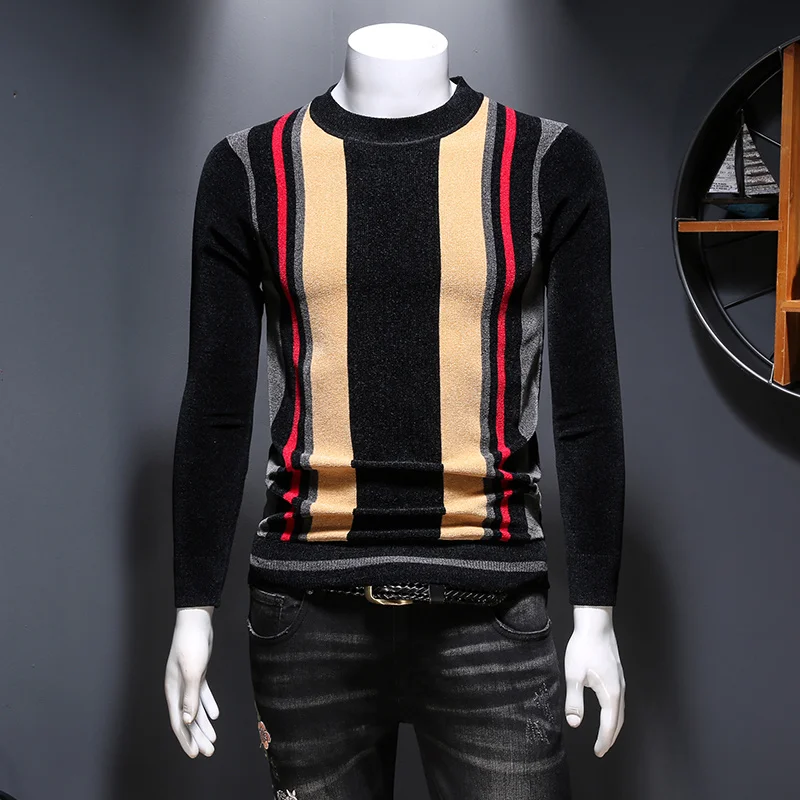 Casual Fashion Pullover Men Round Neck Slim Fit Striped Sweater Males Elastic Mixed Color Jacquard Knitting Tops Autumn Winter