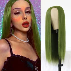 Olive Green Synthetic Lace Wig Long Straight Natural Looking Lace Wig for Women Heat Resistant Fiber Makeup Wigs