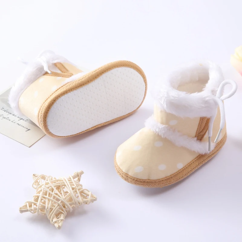 Winter Newborn Baby Girl Boy Polka Dot Cute Cartoon Cotton Shoes Soft Sole Plus Velvet Warm Boots Toddler Infant Walking Shoes