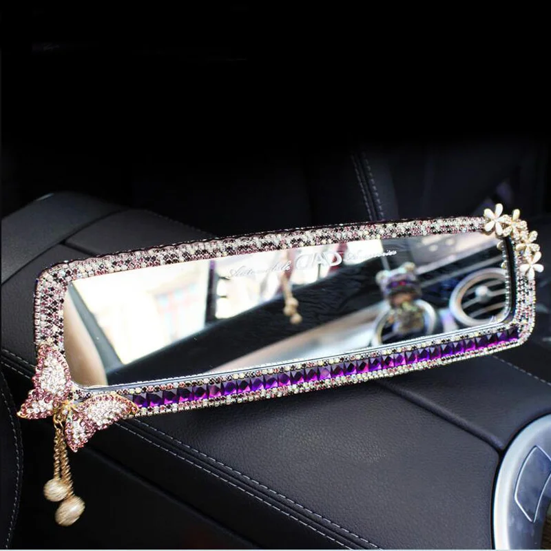 Bling Butterfly Rhinestone Car Interior Mirror Sparkle Car Accessories Wide-angle Crystal Diamonds Bow RearView Mirror for Women