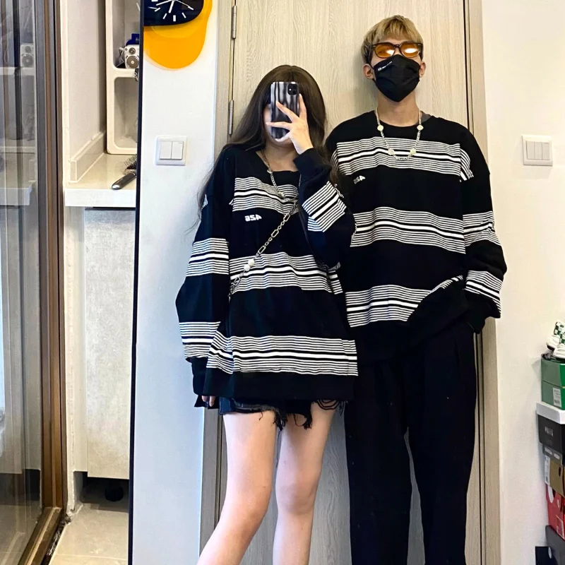 HOUZHOU Striped Long Sleeve Sweatshirt Women 2021 Autumn Oversized Thin Hoodie Casual Korean Fashion Couples Clothes Streetwear