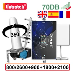 Lintratek 70db amplificador de sinal de quatro bandas 800 900 1800 2100 2600 repetidor celular gsm 2g 3g 4g amplificador yagi omni antena 15m agc