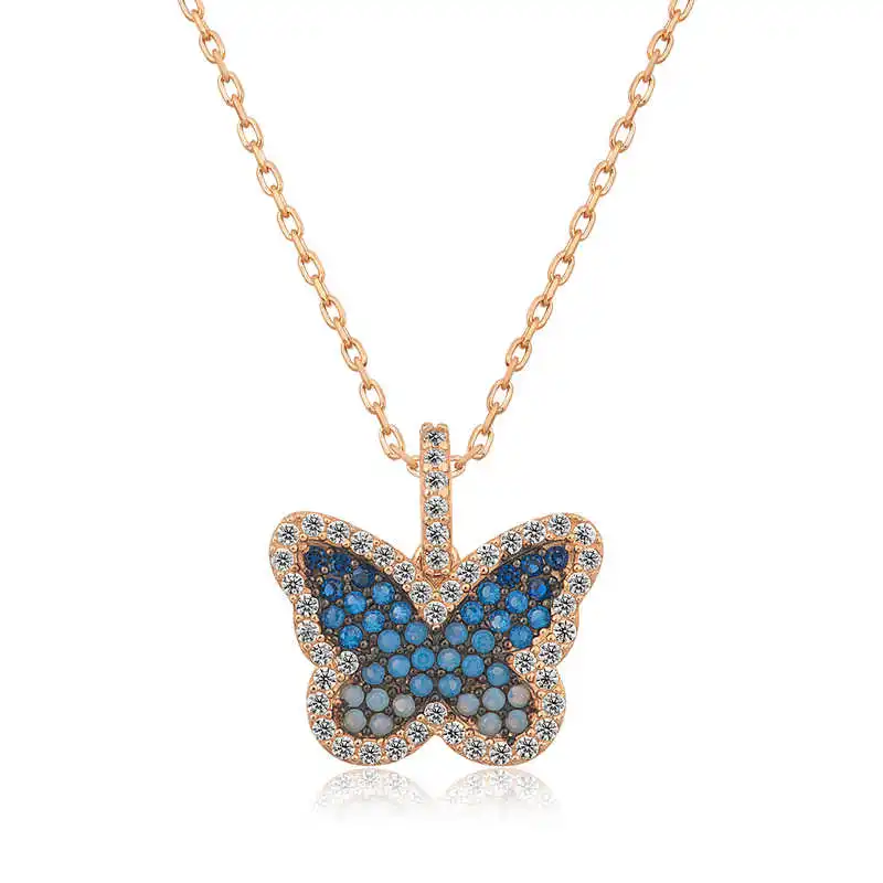 Silver Blue Butterfly Lady Necklace Zircon Stone 925 Sterling Women Fine Jewelry Wedding Party Birthday Gift - Box - Pendant - Chain Choker - Female - Ladies - Fashion