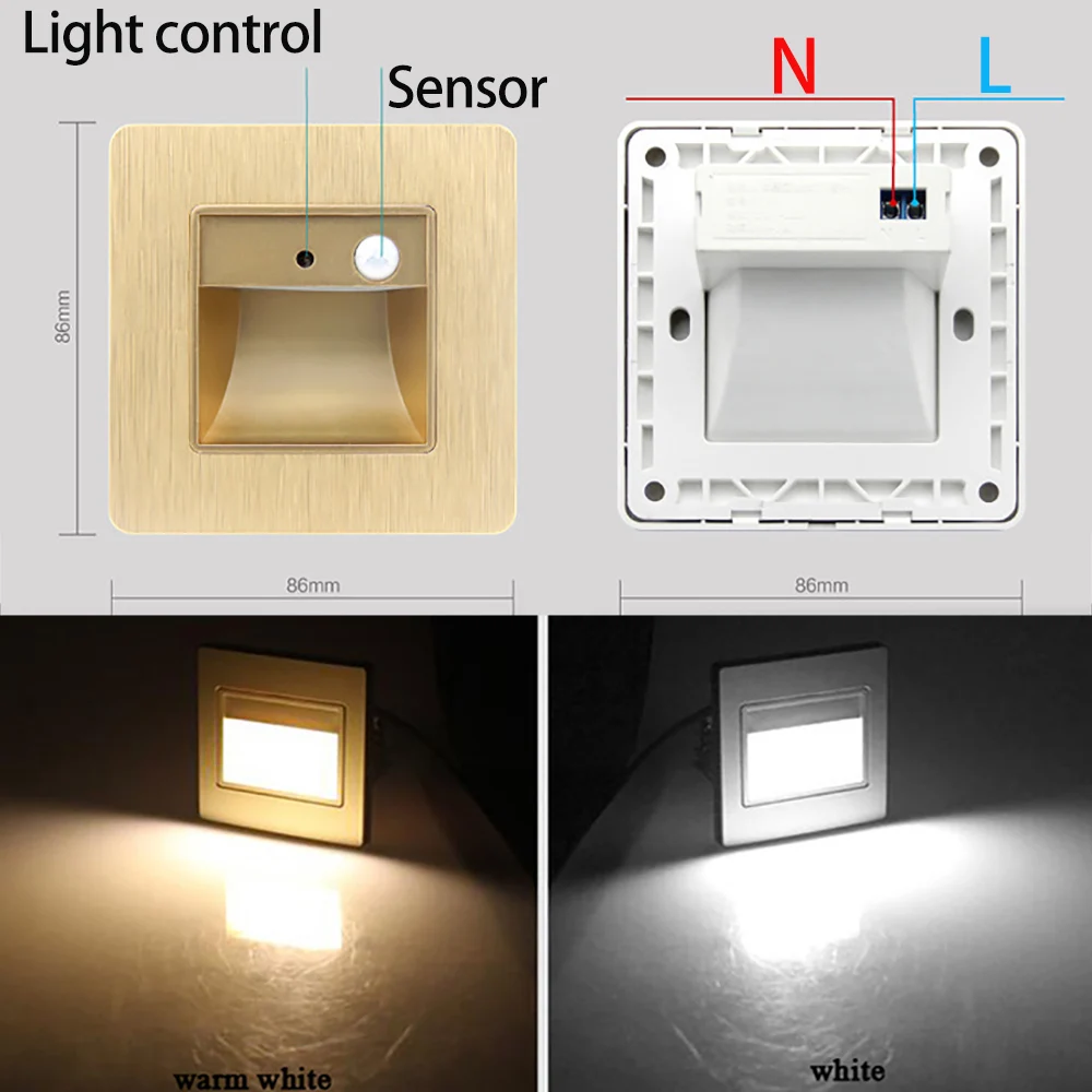 Night Light Wall Lamp Motion Detector+Sensor Recessed for Staircase Corridor Bathroom Ladder Stair Step Kitchen Foyer 86 Type