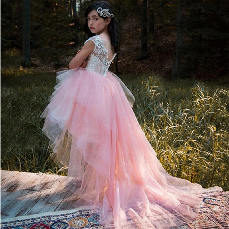 Robe à Fleurs Haute et Basse pour Bol, Jupes à Plusieurs Niveaux, Dentelle, Première Communion, Concours de Perles, Peu importe, Blanc, Rose, Mariage, Petits Enfants