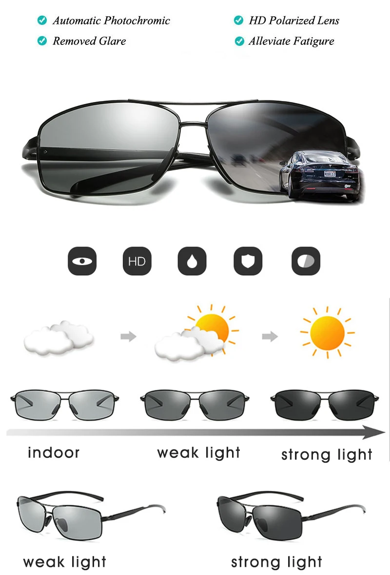 Top Qualität Photochrome Sonnenbrille Für Männer Frauen Polarisierte Gläser Anti-Glare Fahren Goggle Chameleon lunette de soleil homme – Detail 2