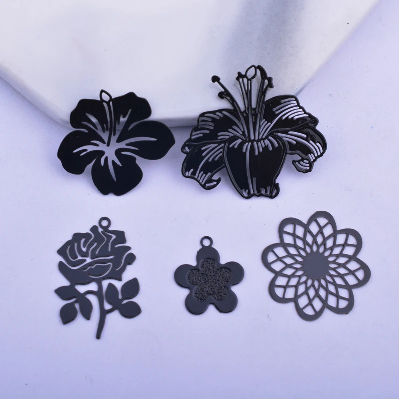 12pcs Making Eearring Black Flower Charms Lilies Rose Pendant Jewelry Accessories