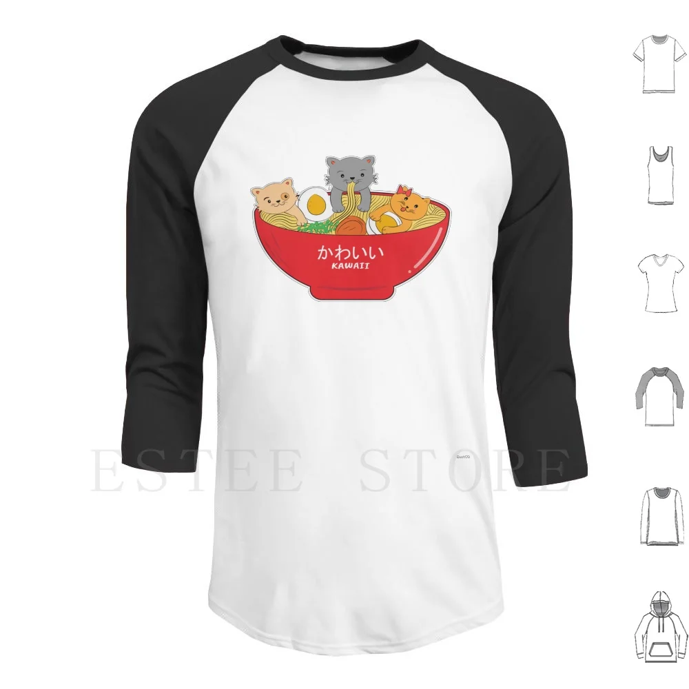 Adorable Cute Japanese Ramen Cats Kawaii Vintage Style Hoodies Long Sleeve Ramen Ramen Noodles Instant Ramen Japan