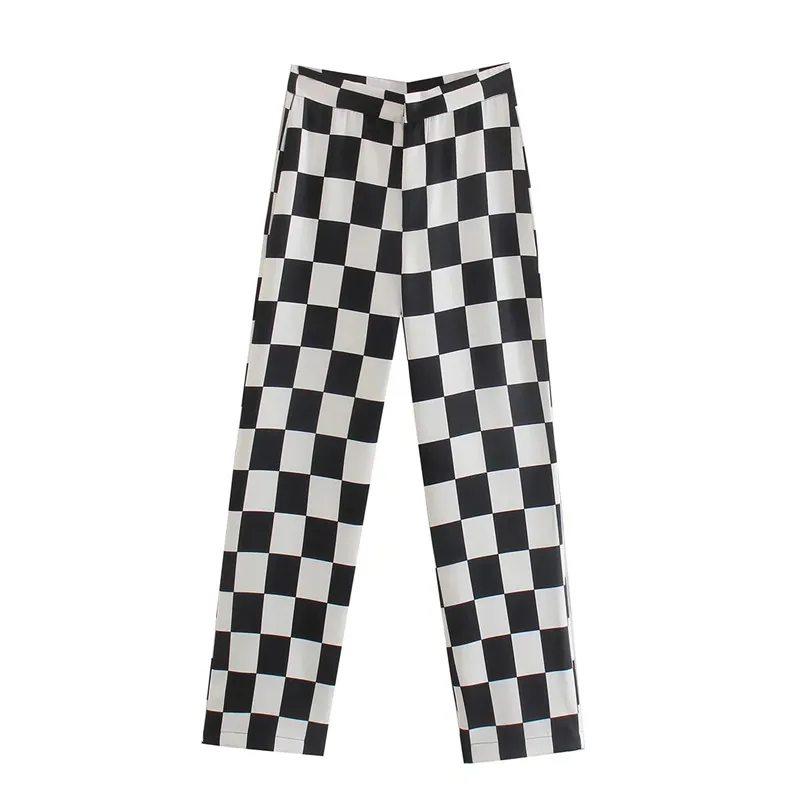 Merodi-Women\'s Plaid Print Long Straight Pants, Casual High Waist Trousers, Chic Lady, Elegant, White and Black,  Autumn