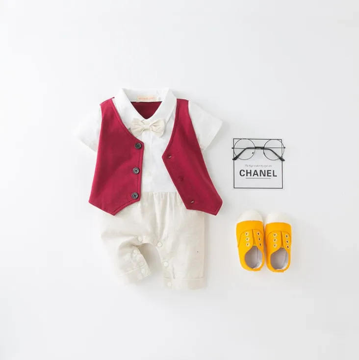 New Summer Short Sleeves False Two Pieces Baby Boy's Jumpsuits/Baby White Suit Romper/Kids Clothes with Hat 3359