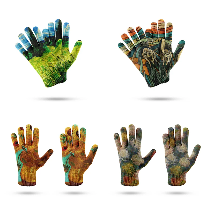 Van Gogh Full Finger Knitting Mittens Women's Spring And Autumn 3D Printed Glove Men Touch Screen Work Tool Gloves Luvas