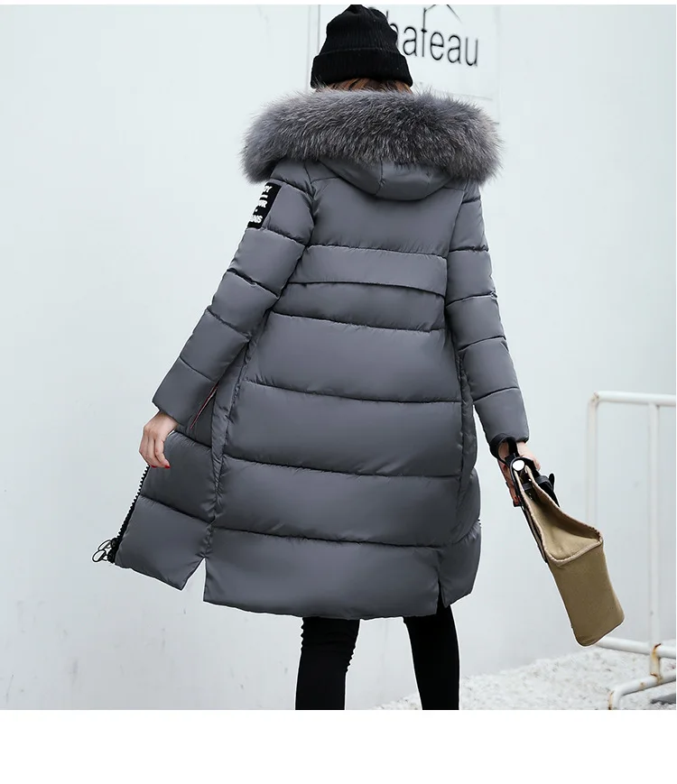 2025 Women's Down Parkas Winter Jacket Big Fur Collar Thick Slim Coat Fashion Hooded Cotton Outerwear Long Winter Woman Coat