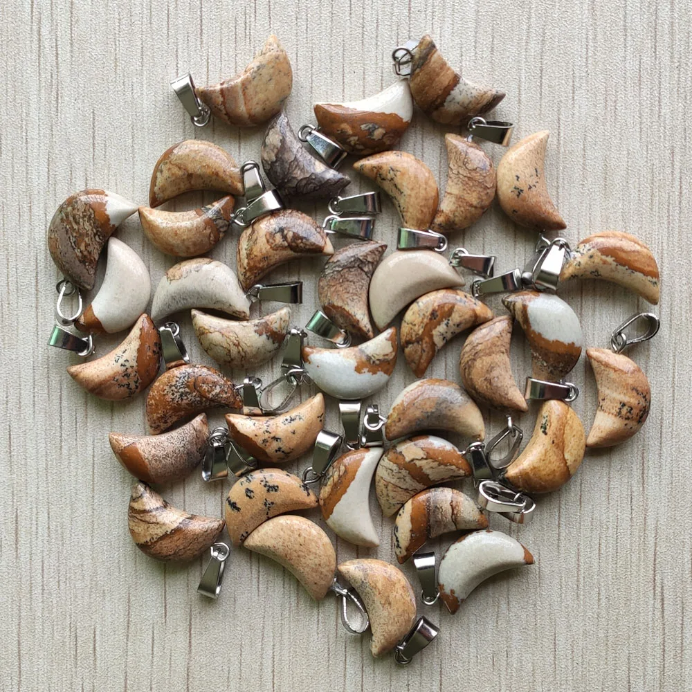 

Fashion high quality natural picture stone crescent moon shape charms pendants for jewelry making Wholesale 50pcs free shipping