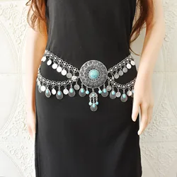 Afghan Vintage Silver Color Metal Bikini Belly Waist Chains for Women Blue Stone Flower Coin Tassel Dance Dress Belt Body Chain