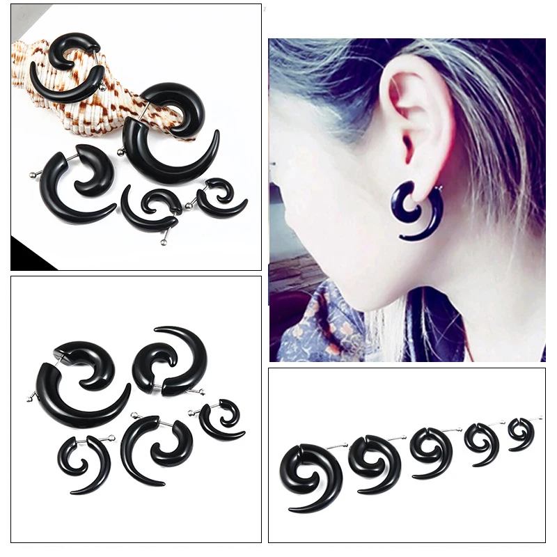 1 piece Punk Acrylic Black Bull Horn Snail Shape Earrings For Men / Women Hip-hop Rock Party Personality Ear Jewelry