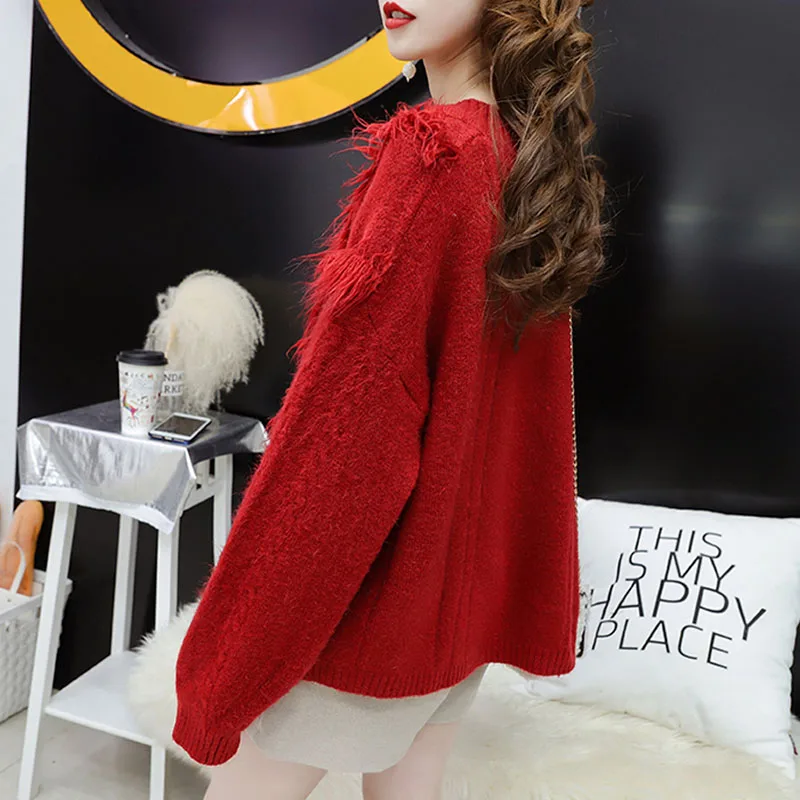 Red Knitting Pullover Tops Autumn Winter Warm V-neck Long Sleeve Casual Female Tassel Sweater Knit Jumper Sweater Casual 2XL