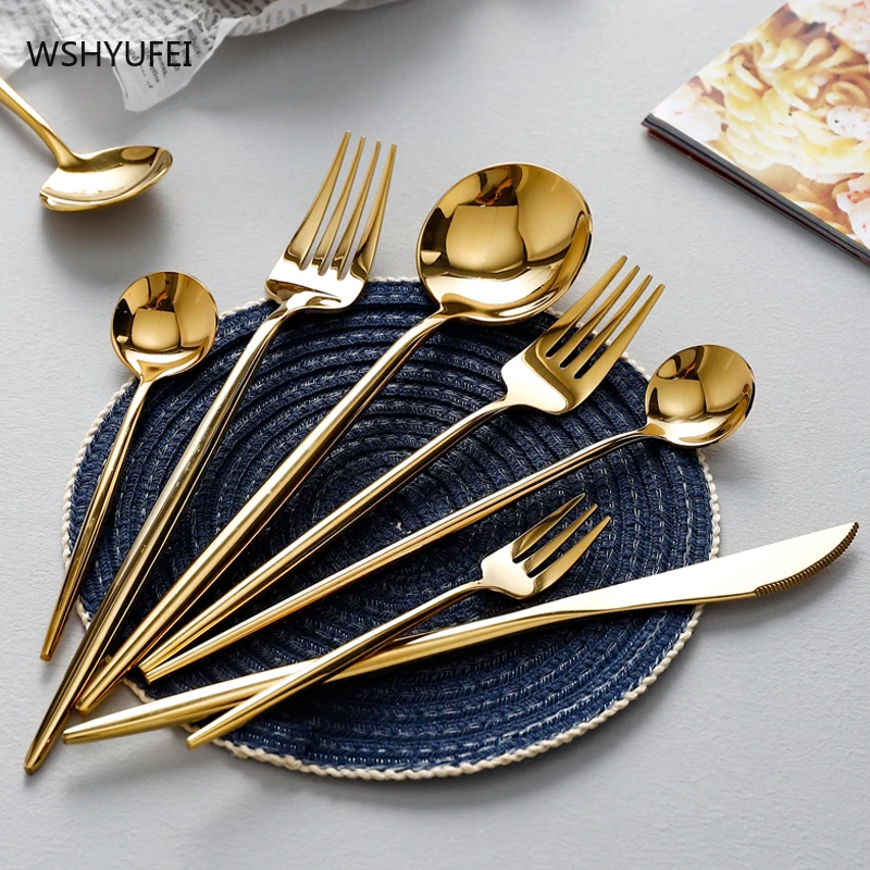 

European exquisite stainless steel western tableware steak dessert spoon fork chopsticks golden tableware household set