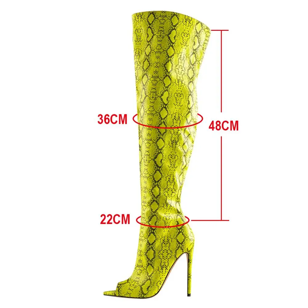 Onlymaker Women\'s Peep Toe Over The Knee Boots Snakeskin Print Pattern Stiletto Heel Zipper Yellow Big Size Open Toe Boots