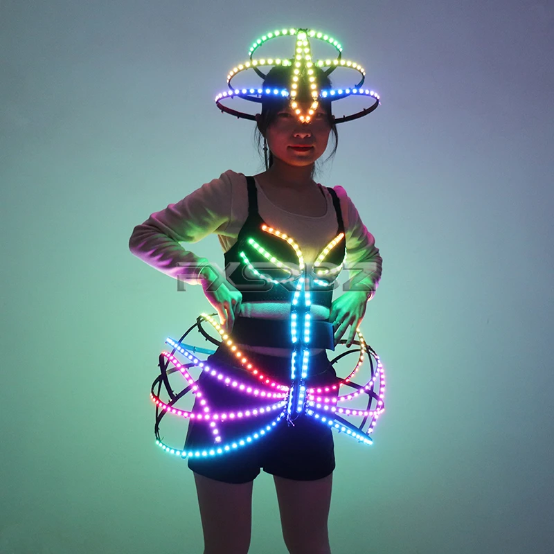 Pixel Smart LED Cage Costume Sexy Girl Light Up Ballet Dress Party Dancing Glowing Tutu Bra Lead Dancer Luminous Clothing Suits