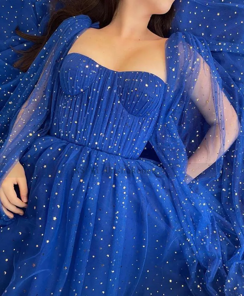 Elegante Starry Tulle Royal Blue Formele Avondjurken Speciale Gelegenheden Cap Mouw Lange Prom Dresses 2022 Vrouwen Robe De Soriee