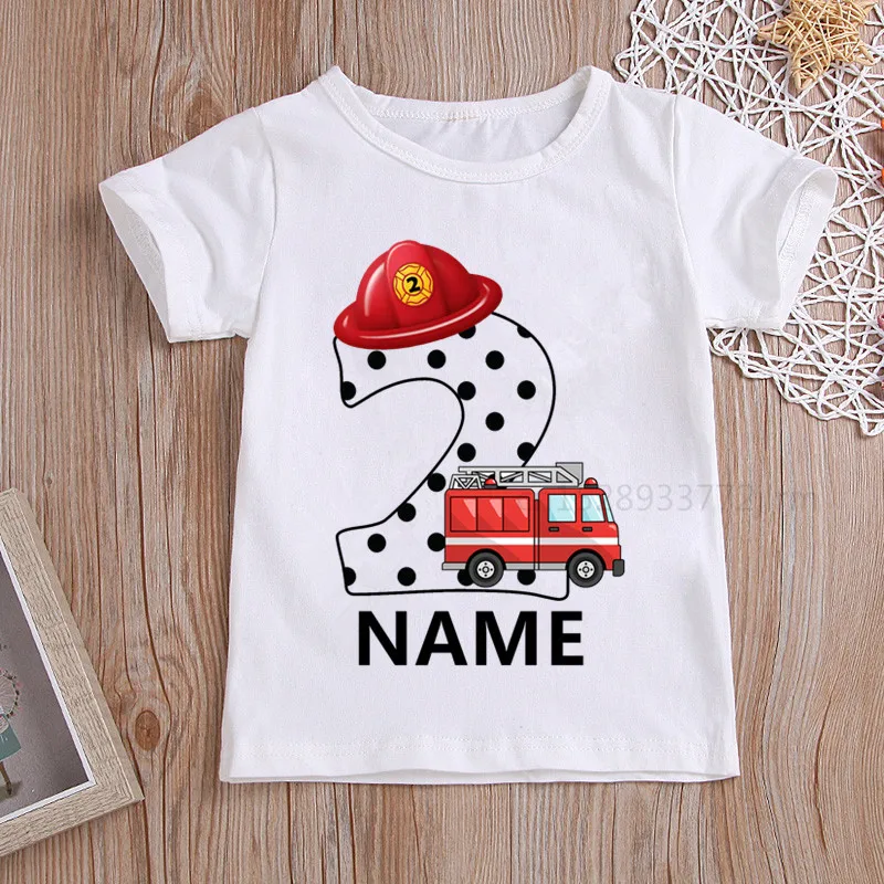 Kids Firefighter Truck Name Numbers Birthday T-Shirt Children Fireman Happy Birthday T Shirt Boys/Girls T-Shirt Baby Girls Top