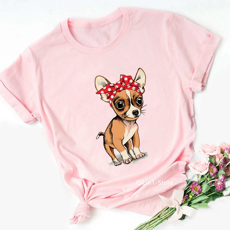 Cute Chihuahua With Headband Animal Print Tshirt Women T Shirt Summer 2024 Pink Top Female Tshirt Girl Streetwear Dog Lover Gift