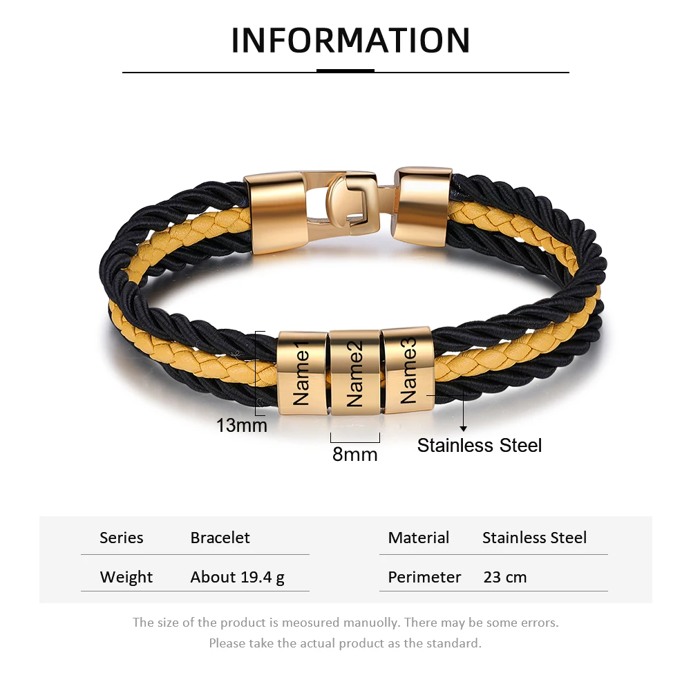 JewelOra Personalized Braided Layered Leather Bracelets Gold Color Stainless Steel Custom Beads Name Engraved Bracelets for Men