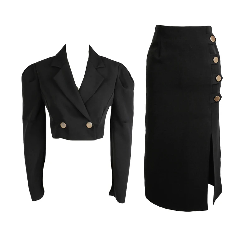 Fashion Spring Autumn Black Formal 2 Pieces Outfit Short Set Women Clothes Office Cropped Tops Coat Blazer Slit Midi Skirt Suits